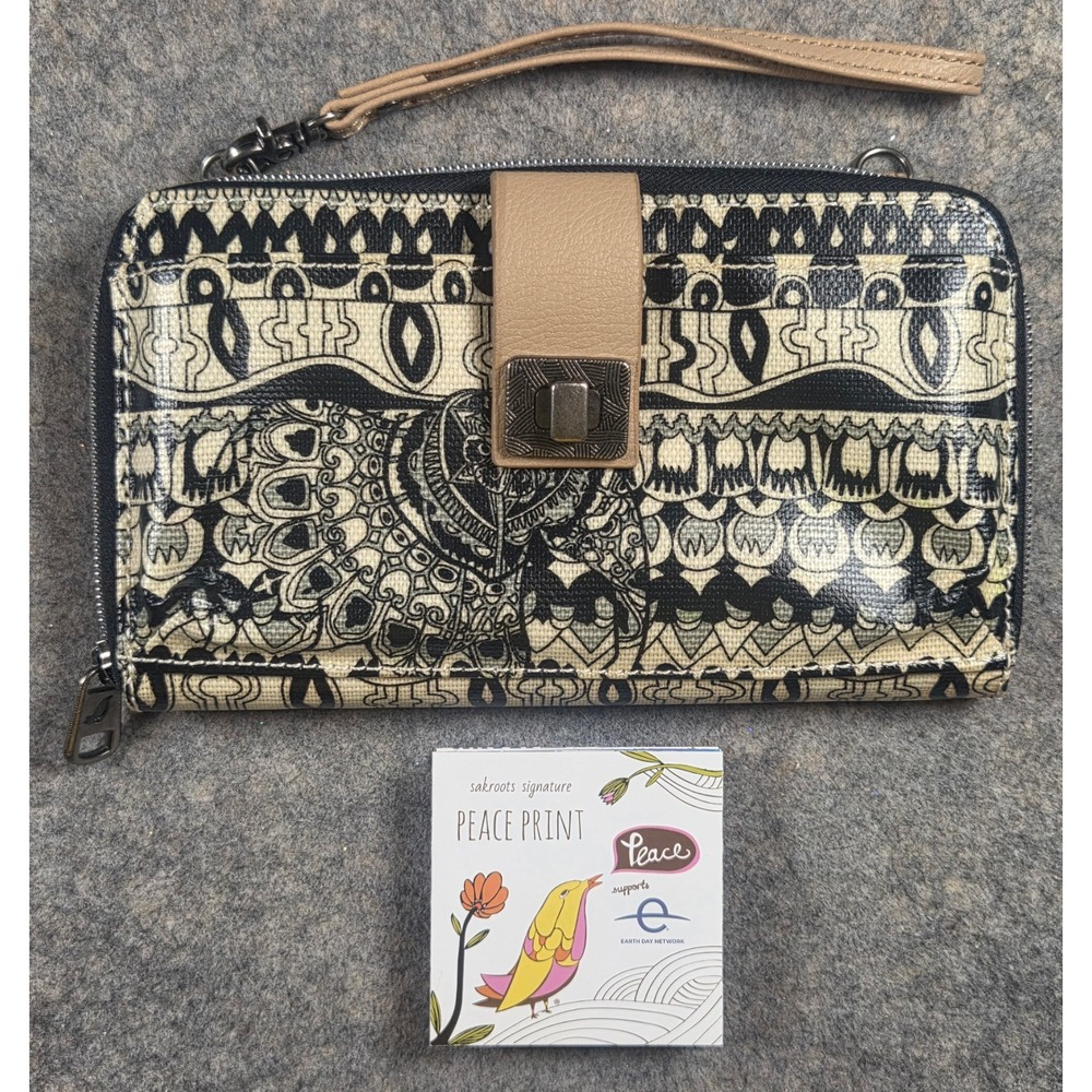 Sakroots Peace Print Elephant Wristlet Wallet Black White Coated Canvas